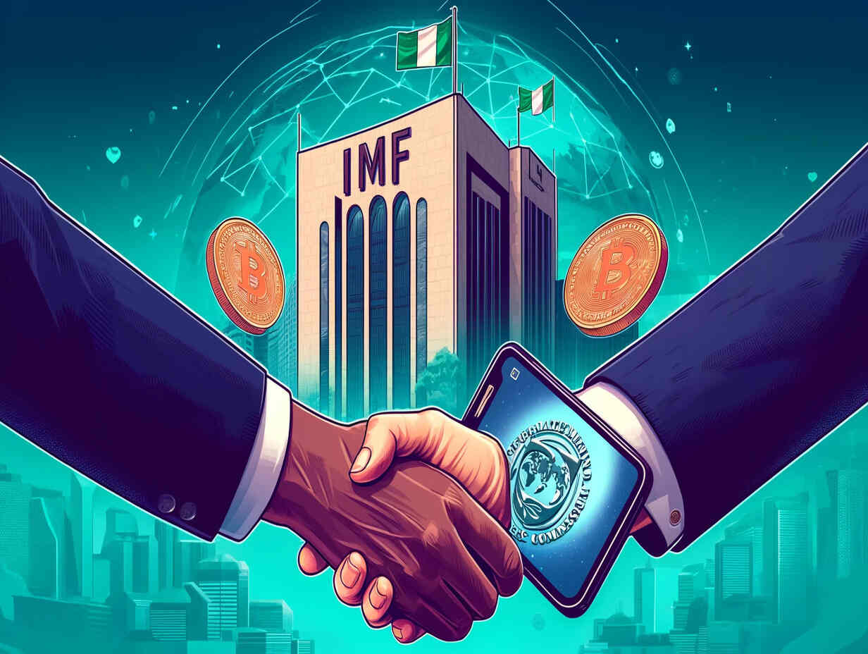 An image showing the contrasting perspectives between the IMF, which endorses crypto adoption in Nigeria, and the SEC's stricter stance on cryptocurrency exchanges, highlighting the tension between economic innovation and regulation.
